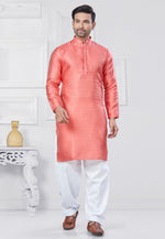 Load image into Gallery viewer, Coral Pink Jacquard Silk Pathani Suit
