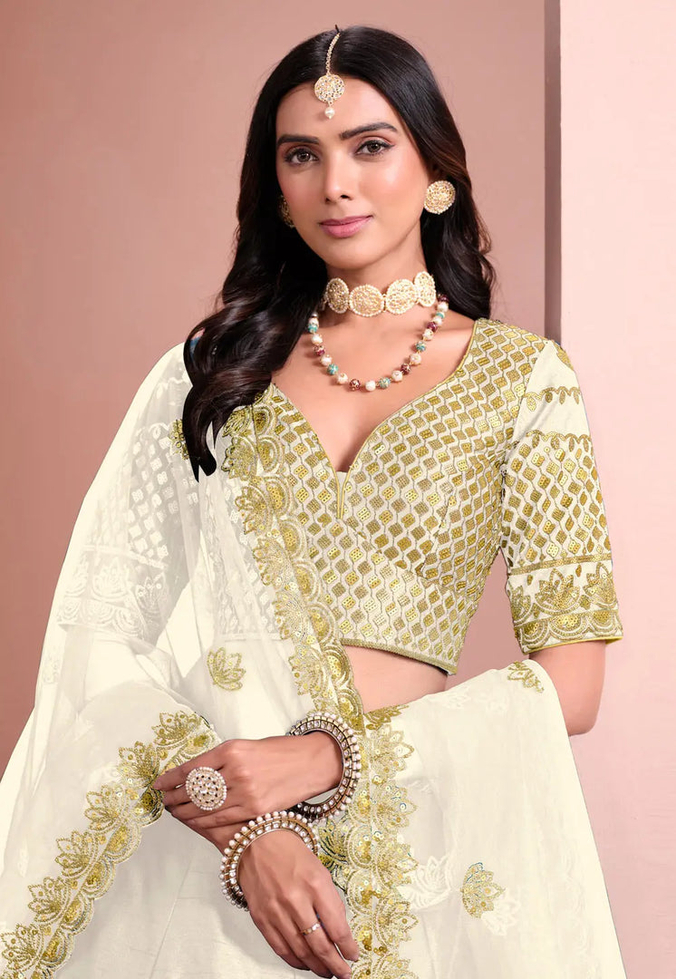 Cream Art Silk A Line Lehenga Choli