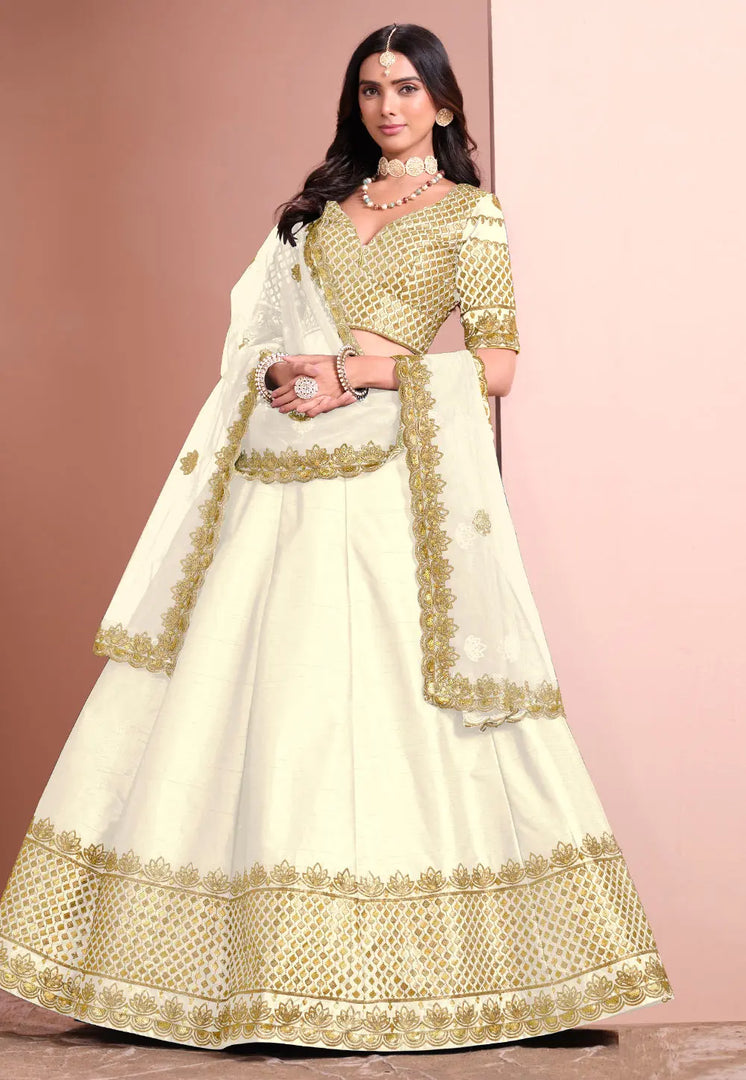 Cream Art Silk A Line Lehenga Choli