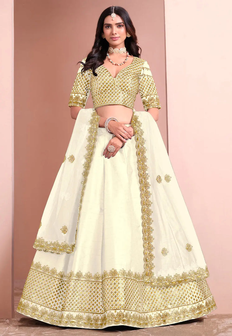 Cream Art Silk A Line Lehenga Choli