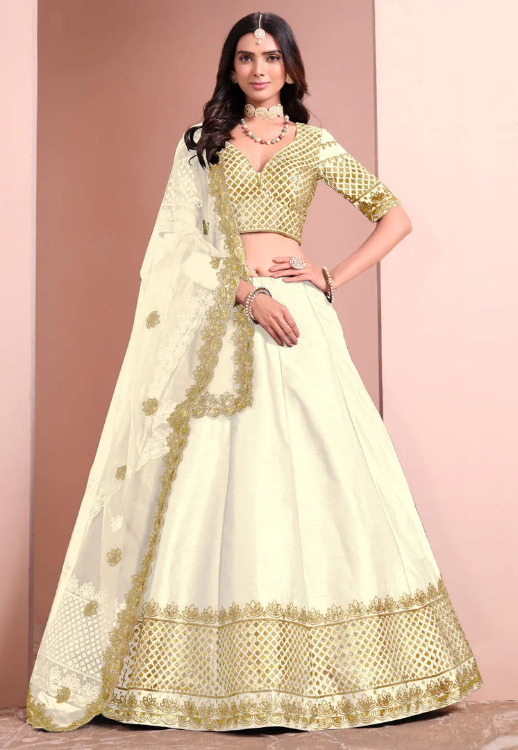 Cream Art Silk A Line Lehenga Choli
