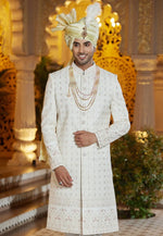 Load image into Gallery viewer, Cream Art Silk Achkan Style Sherwani With Stole
