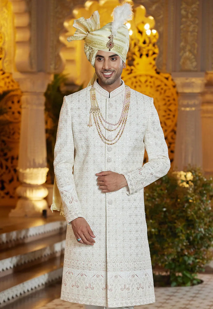 Cream Art Silk Achkan Style Sherwani With Stole