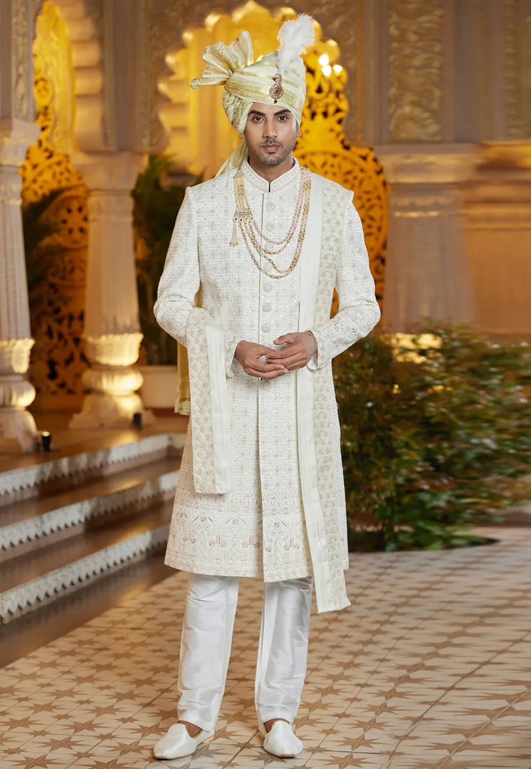 Cream Art Silk Achkan Style Sherwani With Stole