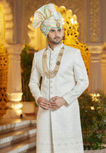 Load image into Gallery viewer, Cream Art Silk Achkan Style Sherwani With Stole
