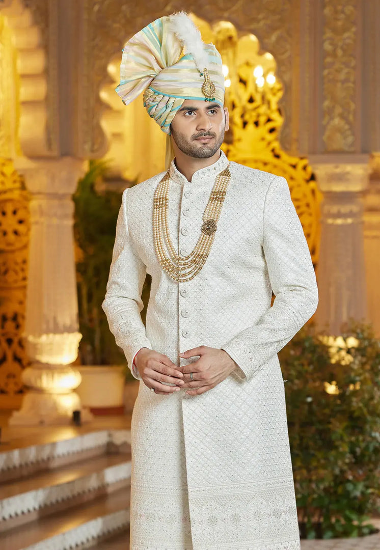 Cream Art Silk Achkan Style Sherwani With Stole