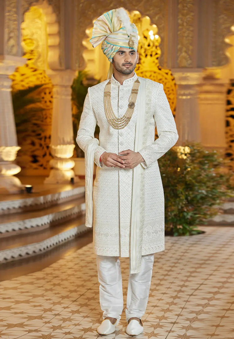 Cream Art Silk Achkan Style Sherwani With Stole