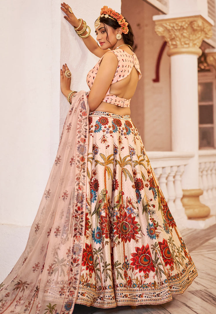 Cream Art Silk Floral print Lehenga choli