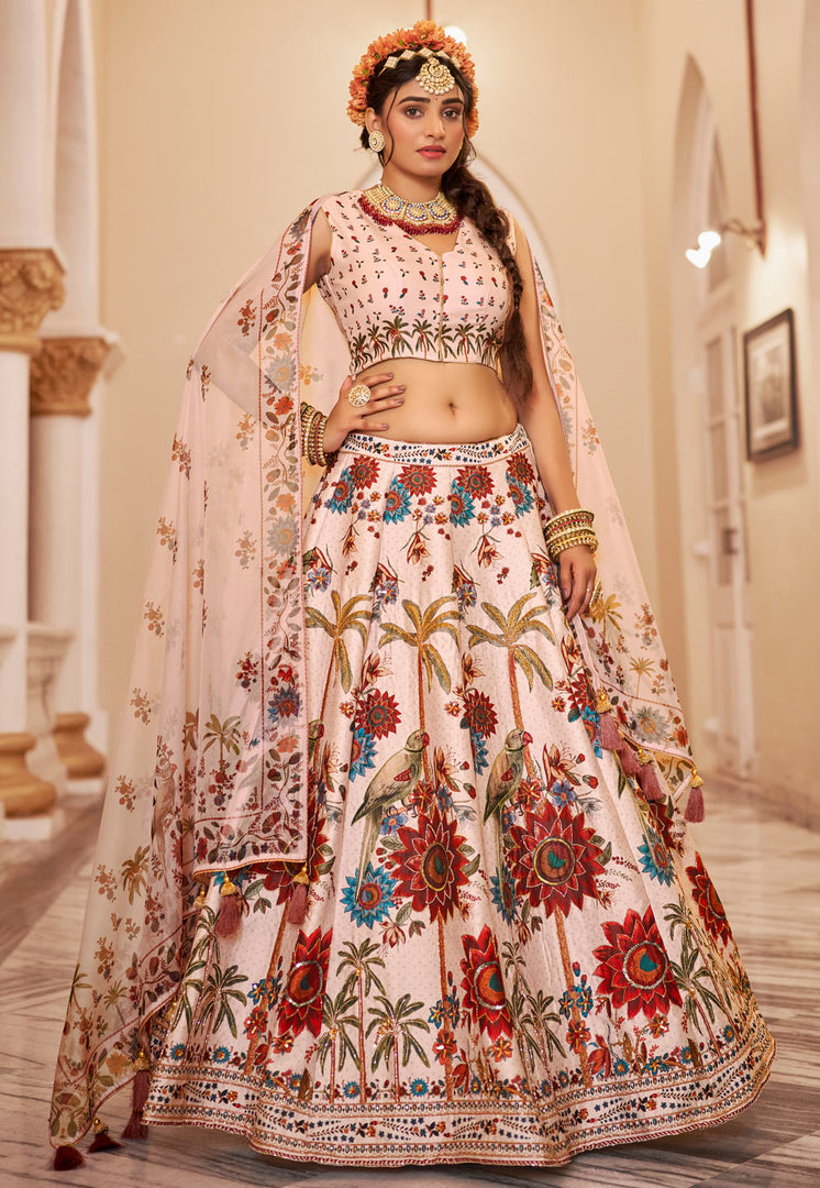 Cream Art Silk Floral print Lehenga choli