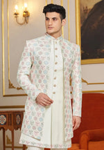 Load image into Gallery viewer, Cream Art Silk Jacket Style Sherwani
