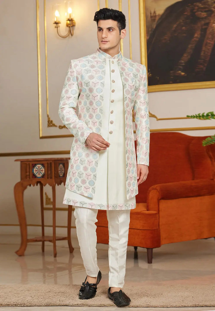 Cream Art Silk Jacket Style Sherwani