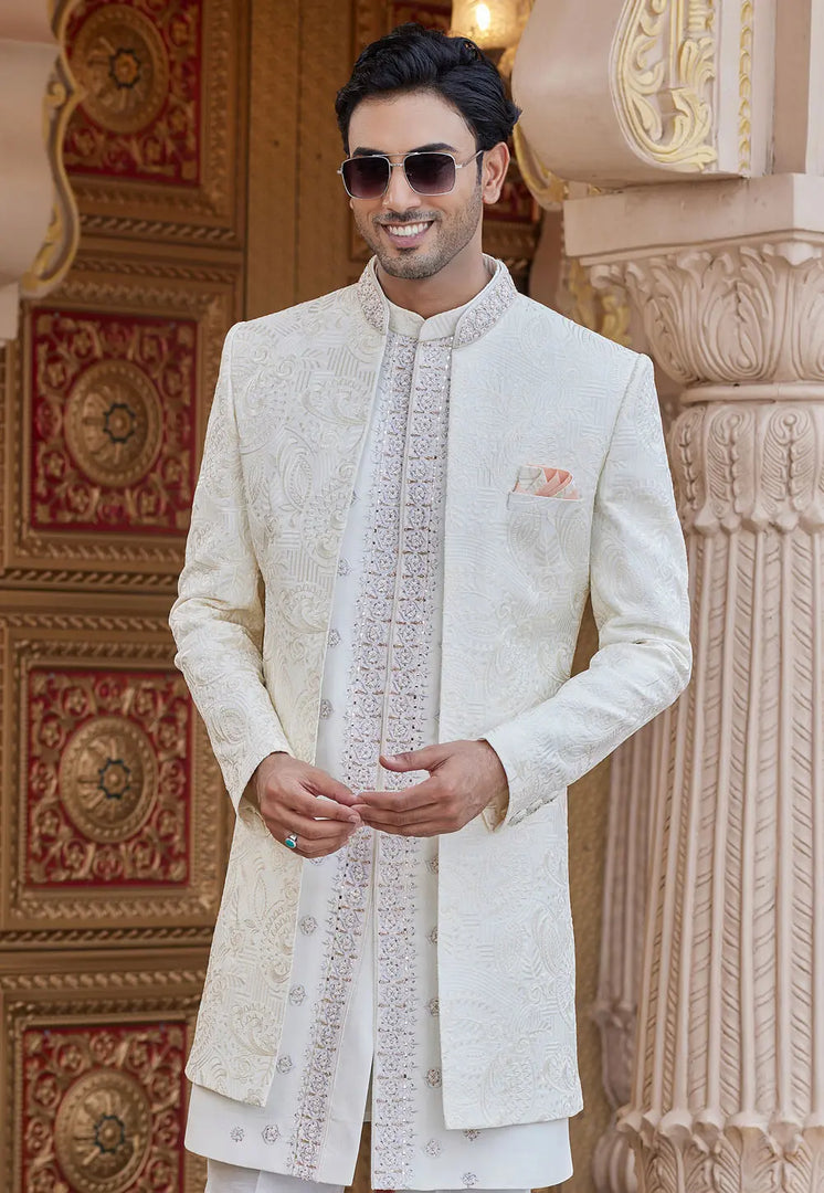 Cream Art Silk Jacket Style Sherwani