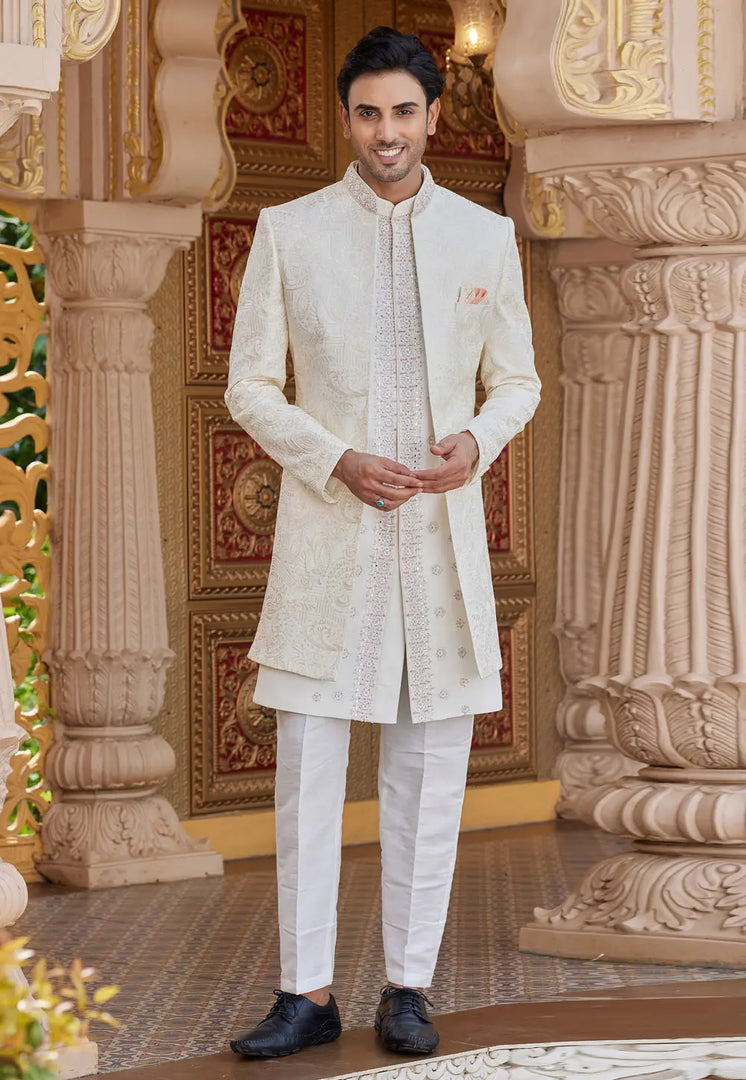 Cream Art Silk Jacket Style Sherwani
