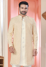 Load image into Gallery viewer, Cream Art Silk Jacket Style Sherwani

