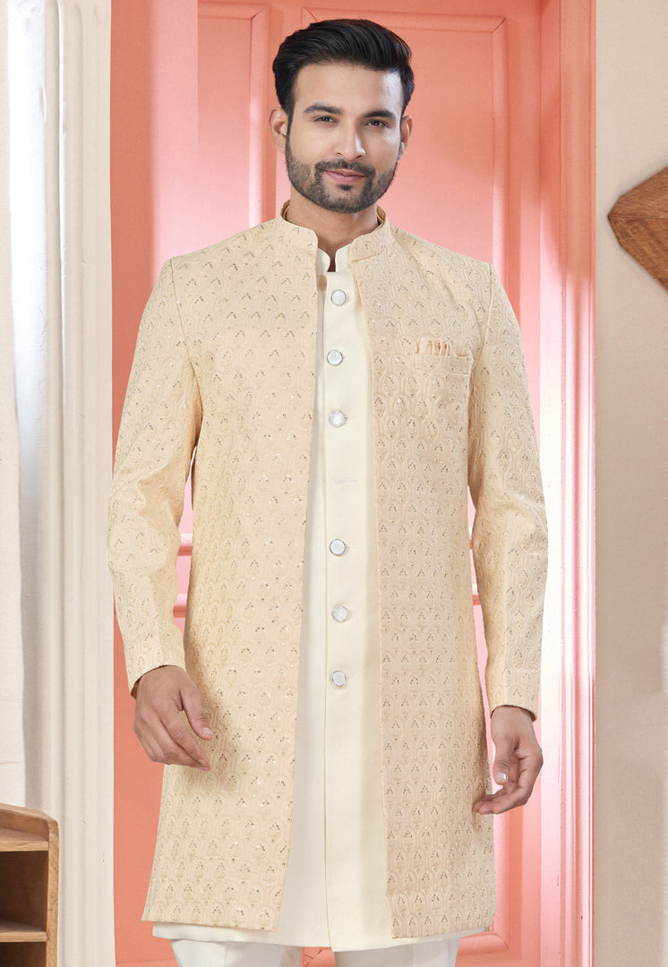 Cream Art Silk Jacket Style Sherwani
