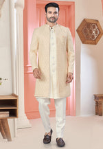 Load image into Gallery viewer, Cream Art Silk Jacket Style Sherwani
