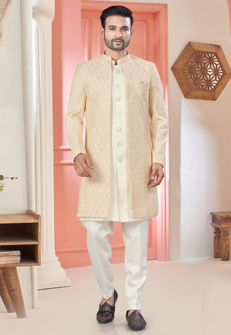 Cream Art Silk Jacket Style Sherwani