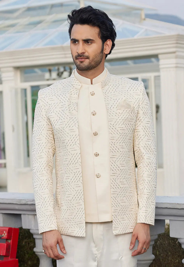 Cream Art Silk Jodhpuri Suit