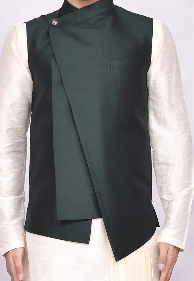 Cream Art Silk Kurta Pajama With Jacket