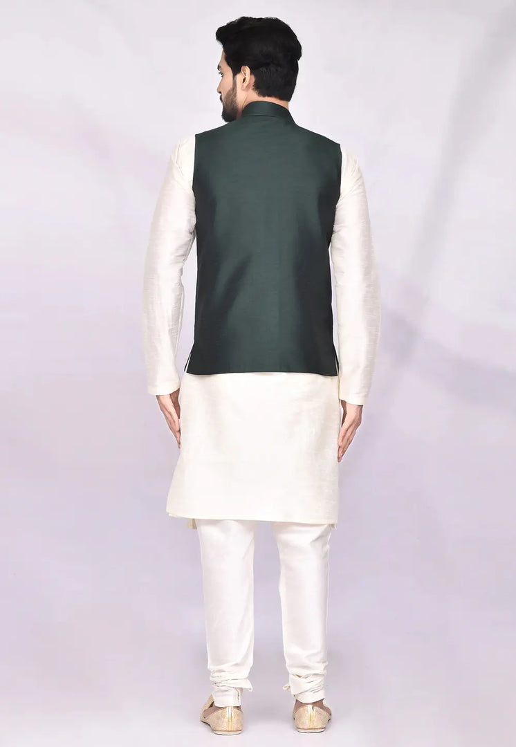 Cream Art Silk Kurta Pajama With Jacket