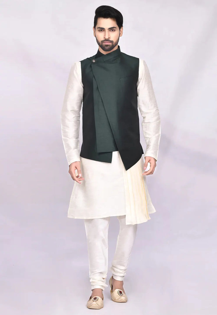 Cream Art Silk Kurta Pajama With Jacket