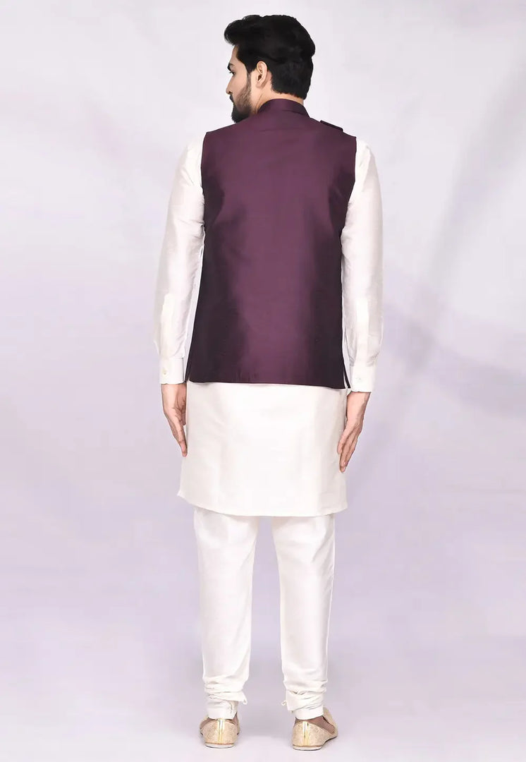 Cream Art Silk Kurta Pajama With Jacket