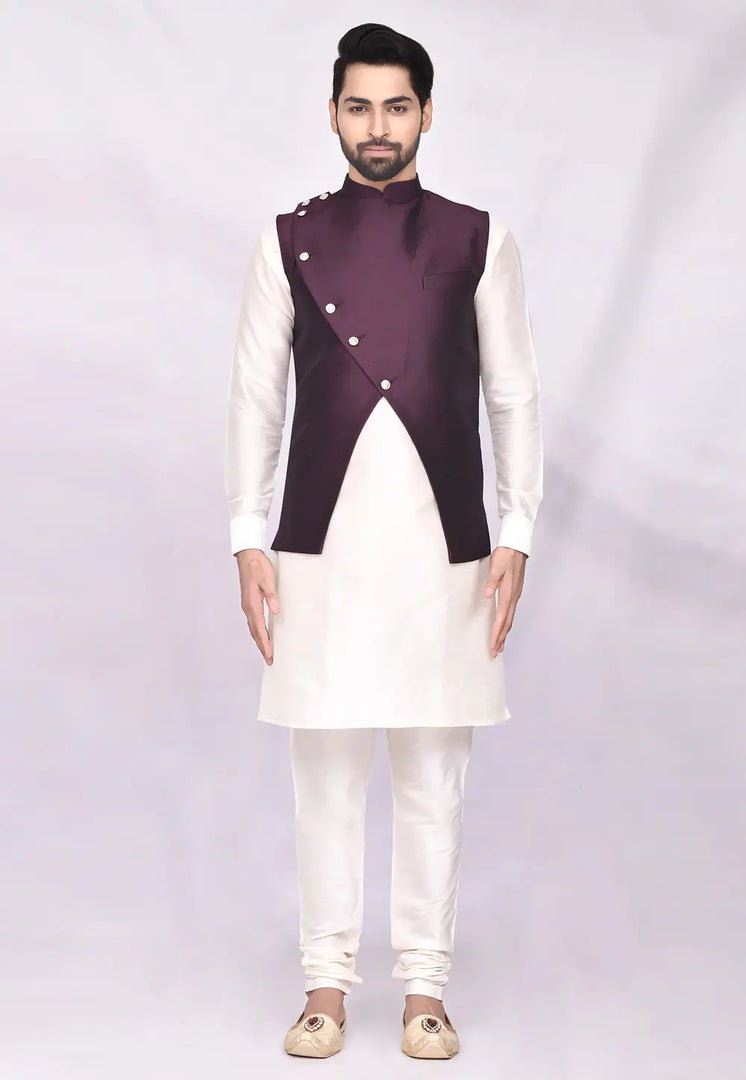 Cream Art Silk Kurta Pajama With Jacket
