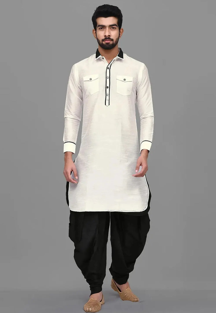 Cream Art Silk Pathani Suit