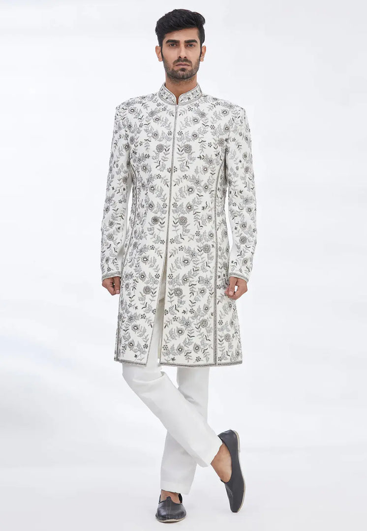 Cream Art Silk Sherwani