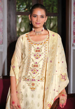 Load image into Gallery viewer, Cream Banarasi Jacquard Readymade Pant Style Suit
