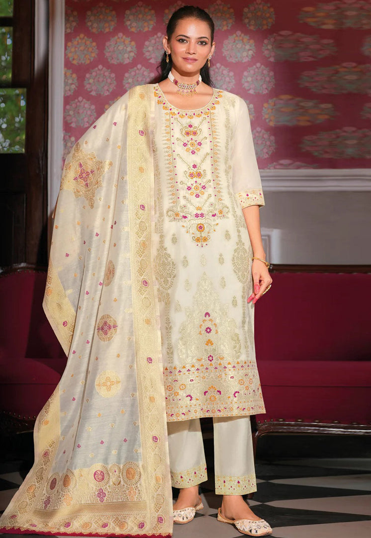 Cream Banarasi Jacquard Readymade Pant Style Suit