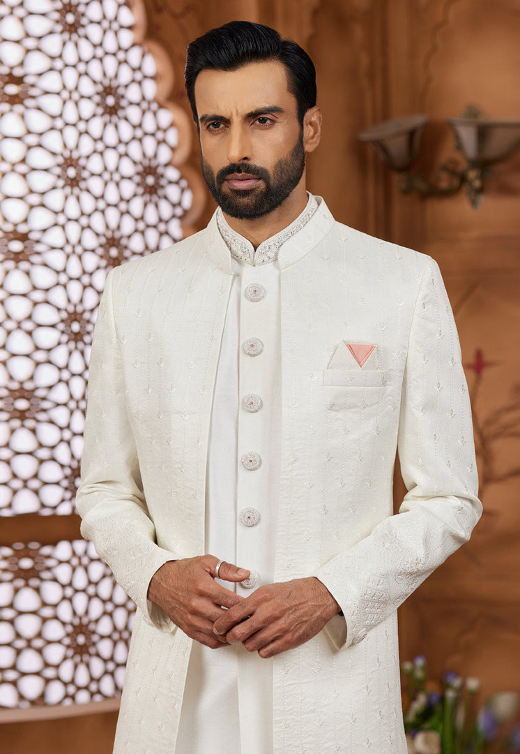 Cream Banarasi Silk Jacket Style Sherwani