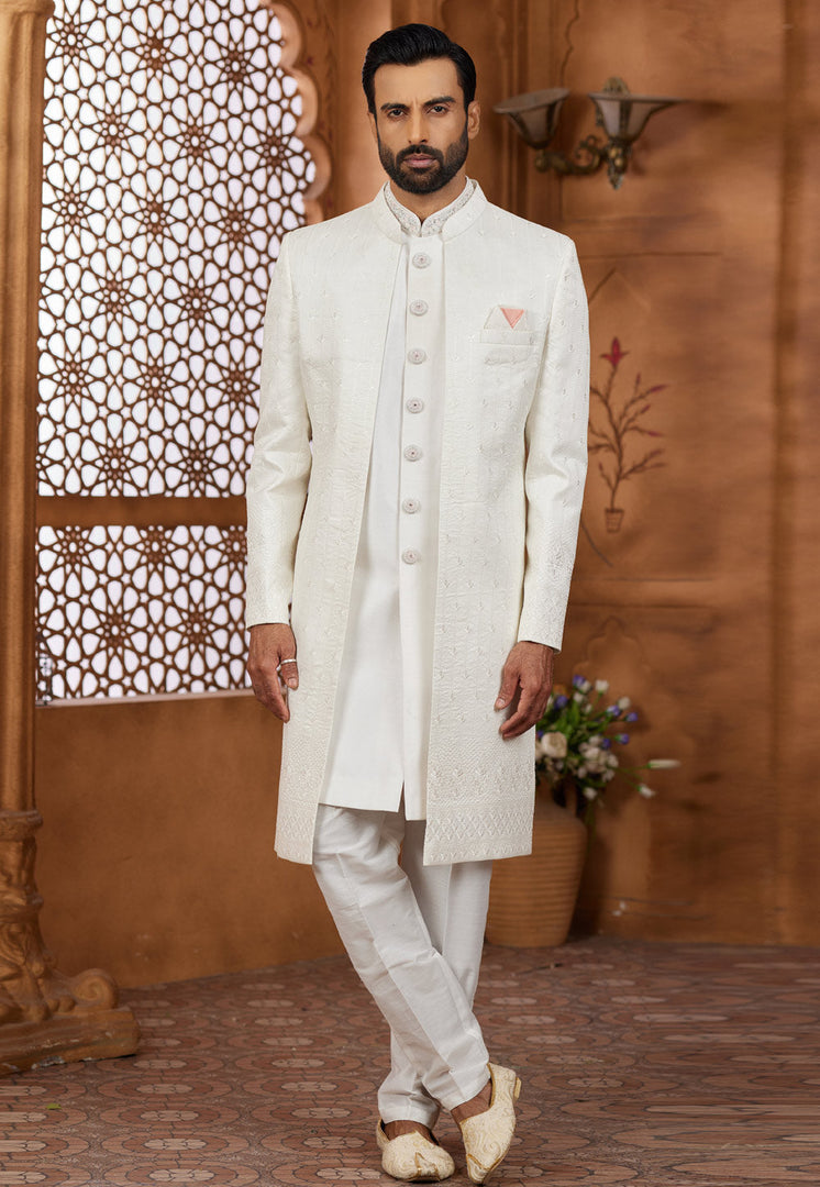 Cream Banarasi Silk Jacket Style Sherwani