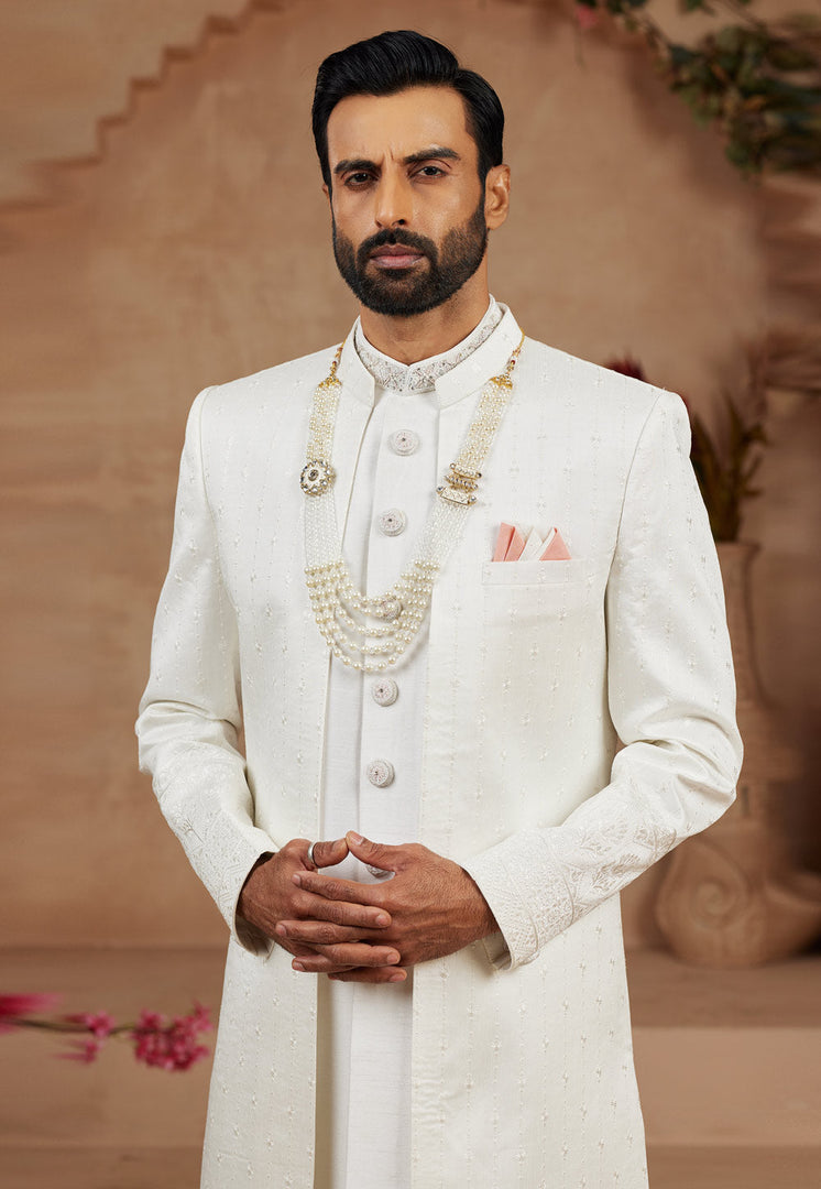 Cream Banarasi Silk Jacket Style Sherwani