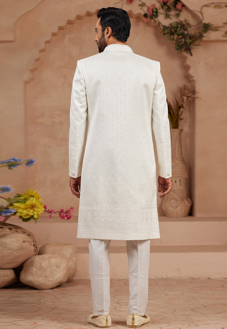 Cream Banarasi Silk Jacket Style Sherwani