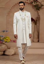 Load image into Gallery viewer, Cream Banarasi Silk Jacket Style Sherwani

