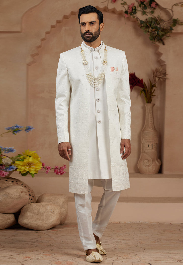 Cream Banarasi Silk Jacket Style Sherwani