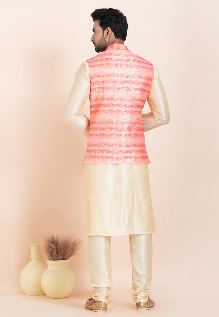 Cream Banarasi Silk Kurta Pajama With Jacket