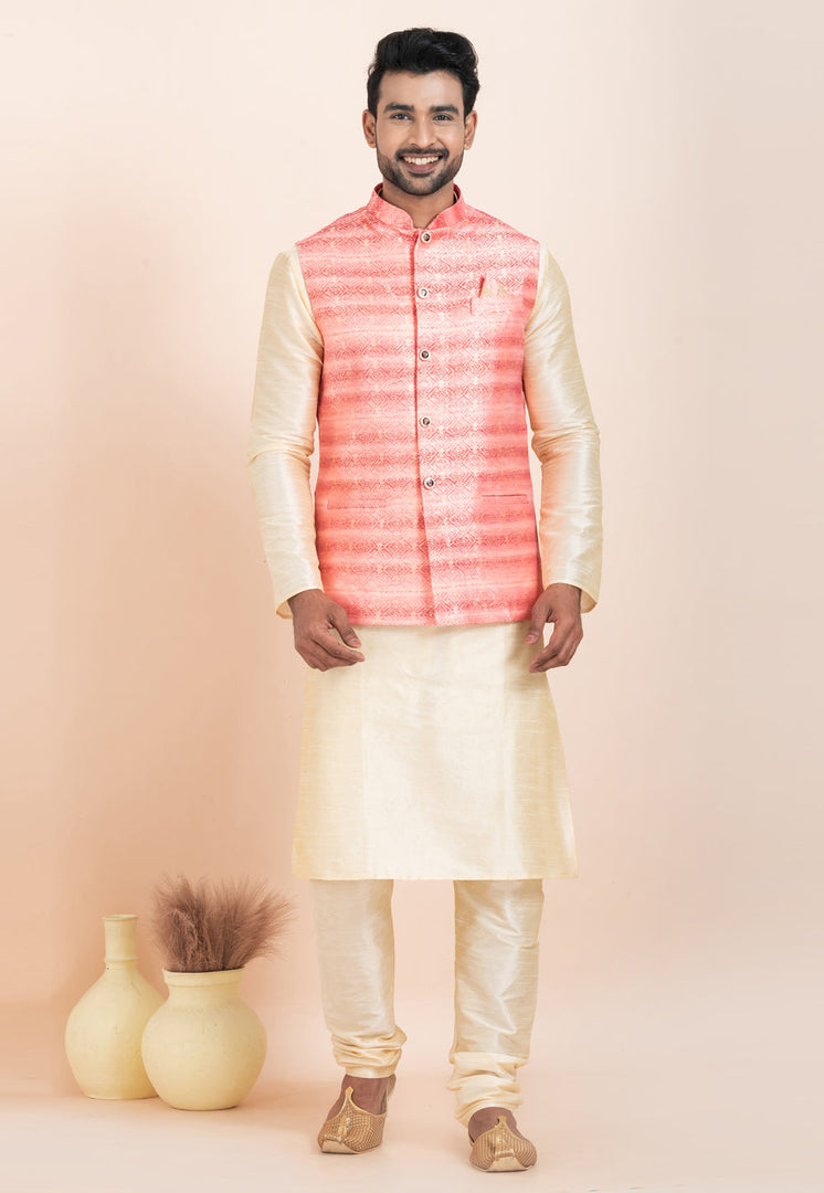Cream Banarasi Silk Kurta Pajama With Jacket