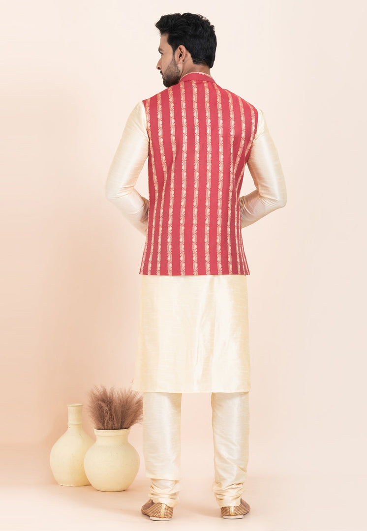 Cream Banarasi Silk Kurta Pajama With Jacket