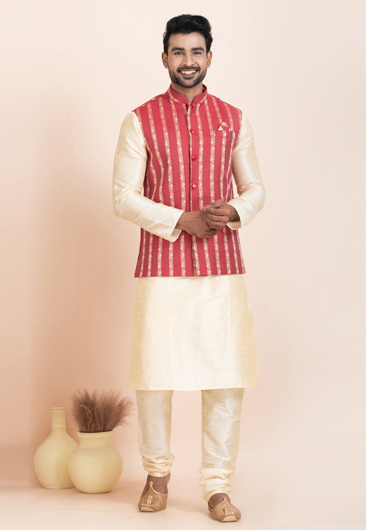 Cream Banarasi Silk Kurta Pajama With Jacket