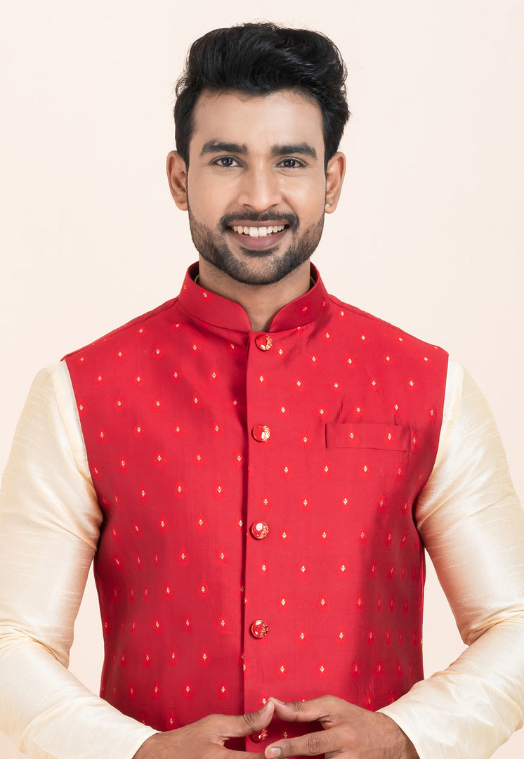 Cream Banarasi Silk Kurta Pajama With Jacket