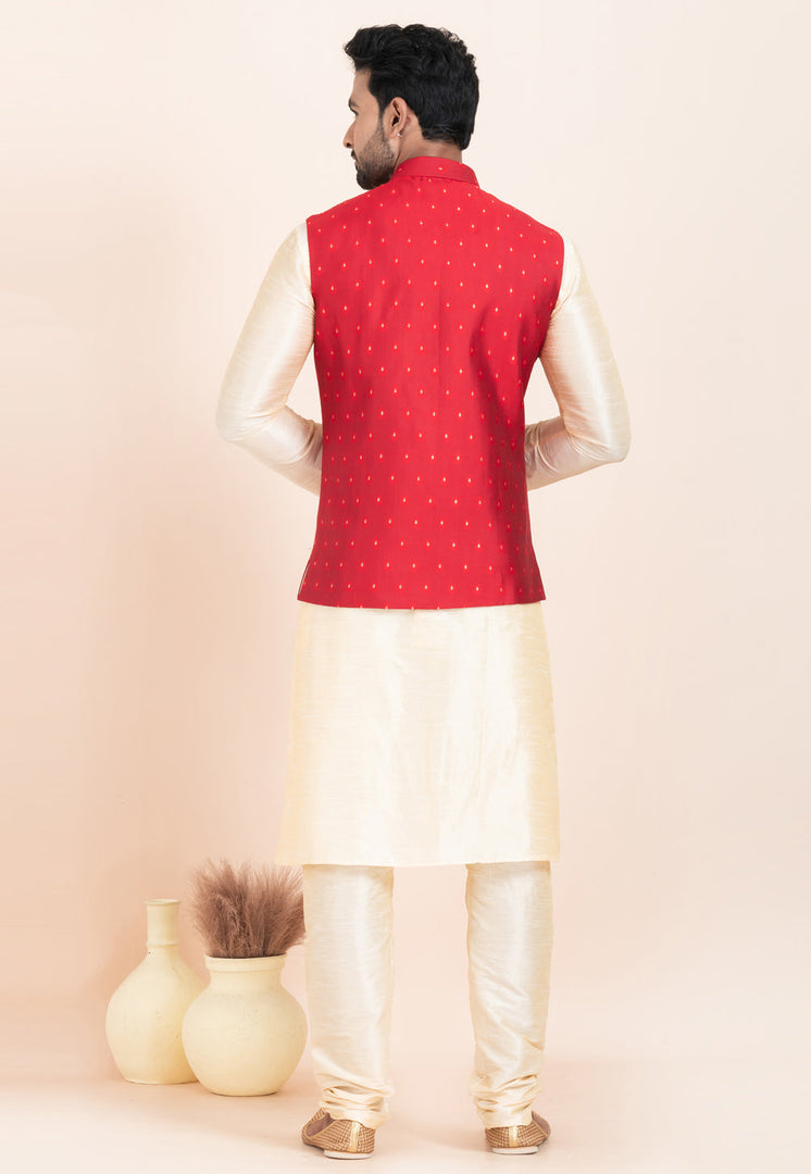 Cream Banarasi Silk Kurta Pajama With Jacket