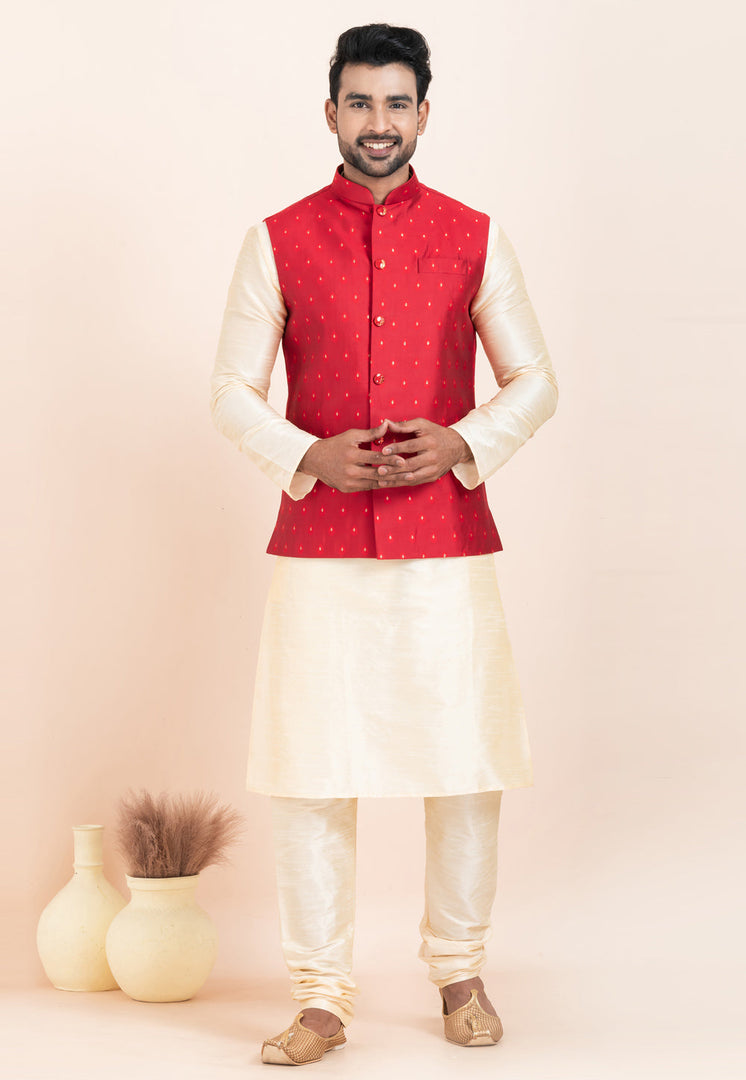 Cream Banarasi Silk Kurta Pajama With Jacket