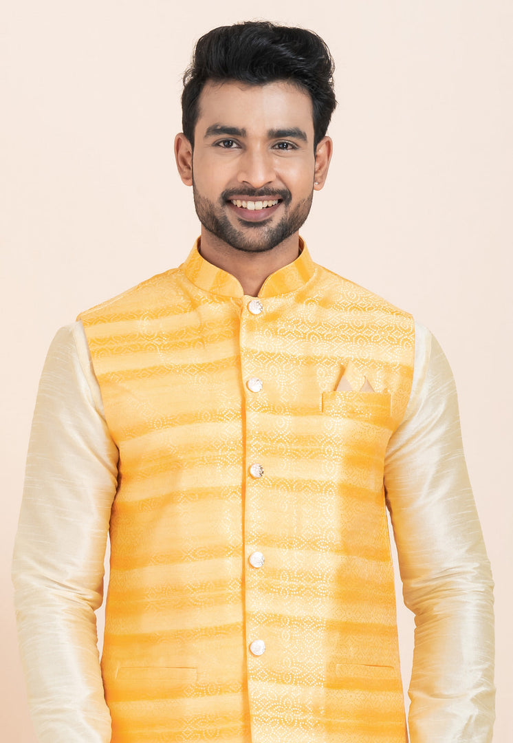 Cream Banarasi Silk Kurta Pajama With Jacket