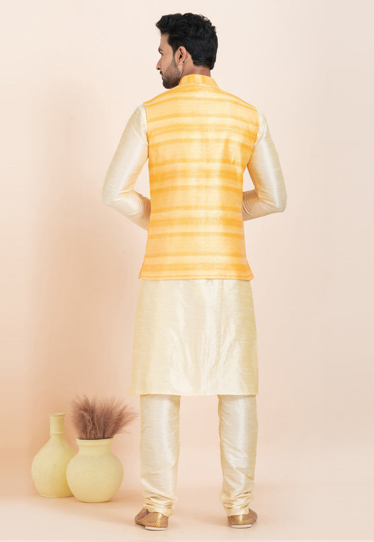Cream Banarasi Silk Kurta Pajama With Jacket