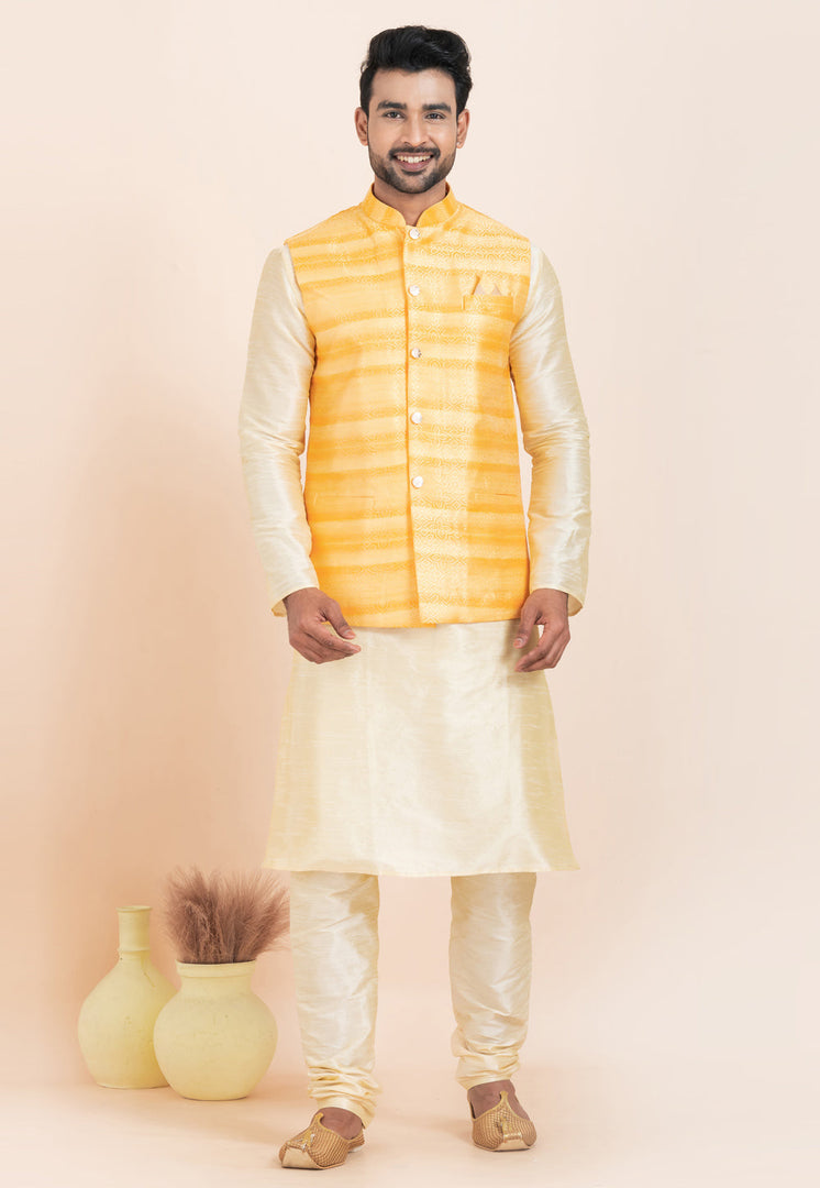 Cream Banarasi Silk Kurta Pajama With Jacket