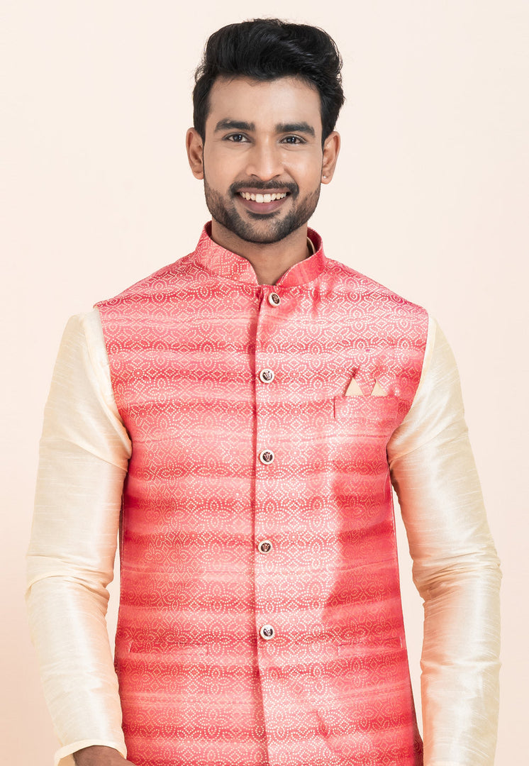 Cream Banarasi Silk Kurta Pajama With Jacket