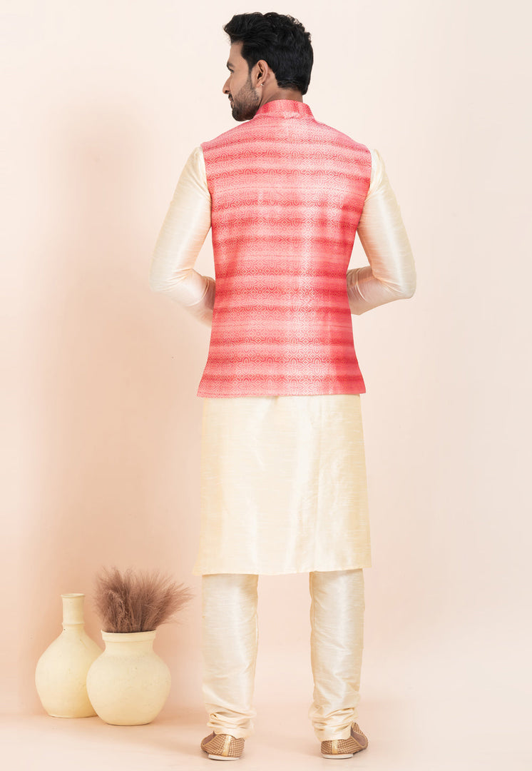 Cream Banarasi Silk Kurta Pajama With Jacket