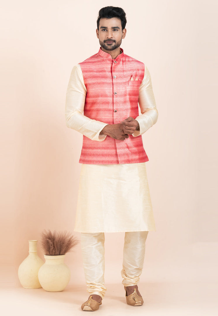 Cream Banarasi Silk Kurta Pajama With Jacket